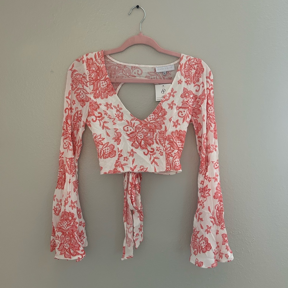 BRAND NEW WITH TAGS Handmade Diana Dinino Floral Long Bell Sleeve Crop Blouse